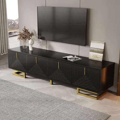 Produktbild von okwish TV-Schrank Fernsehschrank mit strukturierten Türen,Beistellschrank TV-Möbel mit goldene Griffe und goldene Beine,Schwarz
