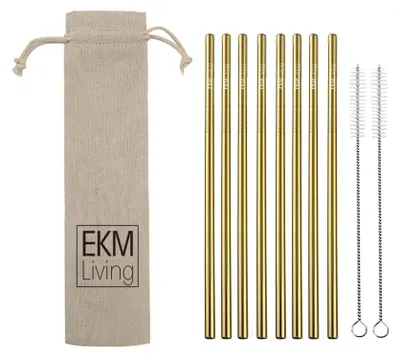 Obrázek produktu pro EKM Living Sada 8 rovných brček z nerezové oceli, odolná proti zlomení, opakovaně použitelná, lze mýt v myčce nádobí, neobsahují plasty, s.r.o. (zlatá rovná, 8)