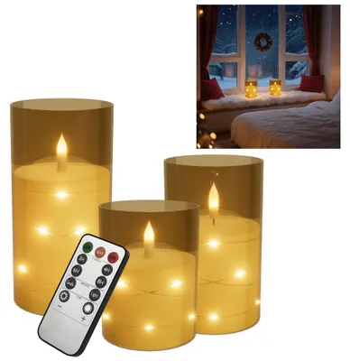 Produktbild von VA-Cerulean LED Kerzen 3er Set Gold – Flackernd, Lichterdraht, Fernbedienung & Timer, für Tisch, Regal & Zuhause