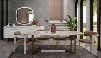 Produktbild von Esszimmer Set Esstisch 4x Stühle Kommode Spiegel Modern Set Weiß Essgruppe
