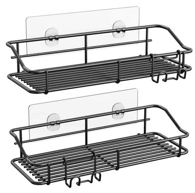 Produktbild von Duschablage ohne Bohren 2er Pack Edelstahl Schwarz mit Haken selbstklebend 27x10x5 cm