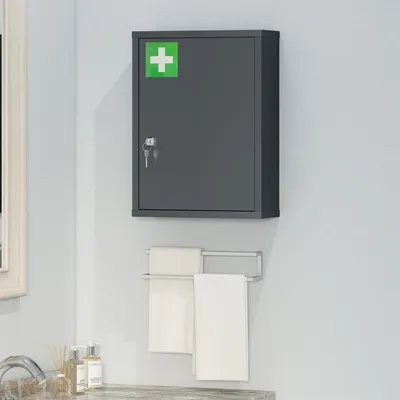 Image de Armoire médicale à fixer au mur, avec serrure, en acier, de couleur gris anthracite | 40 x 15 x 53,5 cm | 3 compartiments | Acier laminé à froid
