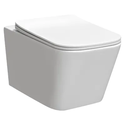 Zdjęcie produktu dla Miska wisząca WC Kerra Tinos bezkołnierzowa, z deską, biała.