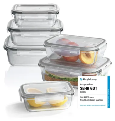 Productafbeelding van GOURMETmaxx Glazen luchtdichte containers met kliksluiting en magnetronventiel - 12-delig - grijs