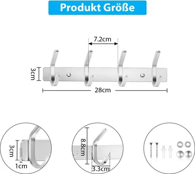 Produktbild von Edelstahl Garderobenhaken - Hakenstange 28cm - Mit 4 doppelten Haken Garderobe