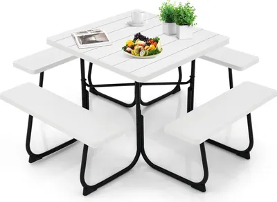 Produktbild von Outdoor Picknicktisch, Picknicktisch und Stühle für 8 Personen mit 4 Bänken & Schirmloch, Metallgestell & Arbeitsfläche, tragbarer Picknicktisch