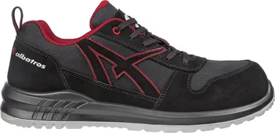 A side view of a black and red Albatros safety shoe.