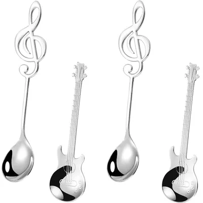 Kaffeelöffel-Set Gitarre & Musiknoten, 4er, Edelstahl, Geschenk