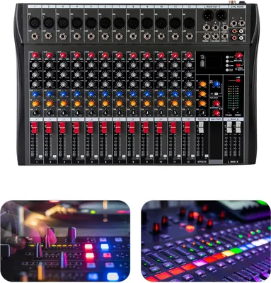 Image de Table de mixage audio live Contrôleur audio DJ AC 48 V 12 canaux USB Bluetooth Table de mixage audio Prise microphone XLR Table de mixage audio