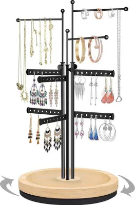Produktbild von Famanu Schmuckständer drehbar, höhenverstellbarer Schmuckbaum mit Holzsockel - Metall für Ohrringe, Halsketten, Armbänder, Uhren und Ringe
