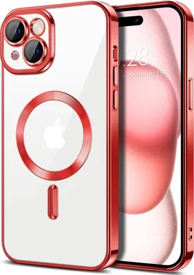 Image de Coque magnétique transparente pour iPhone 15, compatible MagSafe, coque de protection galvanisée avec protection de l'appareil photo Rouge