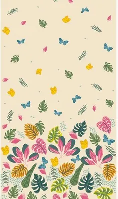 A pattern of tropical leaves and butterflies on a light beige background.