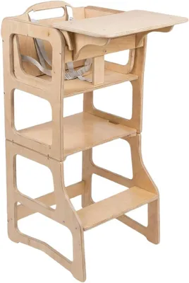 Imagen del producto de Torre de aprendizaje Montessori para niños | Taburete auxiliar multifuncional | Fabricado a mano | Con opción de resbalín para trona | Ideal para la cocina y el uso diario (natural, con opción de trona)