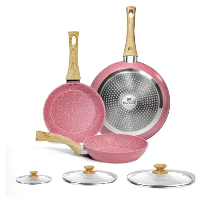 Produktbild von 3-teiliges Pfannenset mit Deckel, Bratpfannen 20 cm, 24 cm und 28 cm, Induktionspfannen mit Keramik-Antihaftbeschichtung, backofenfest, -frei, spülmaschinenfest, Rosa