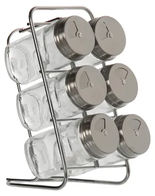 Produktbild von Set aus 6 Gewürzdosen aus Glas und Edelstahl mit Metallständer 9,5 x 14 x 18 cm