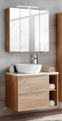 Produktbild von Badmöbel Set mit Keramikbecken un LED-Spiegelschrank TOSKANA-56 Wotaneiche/Hochglanz weiß BxHxT ca. 80/190/46cm