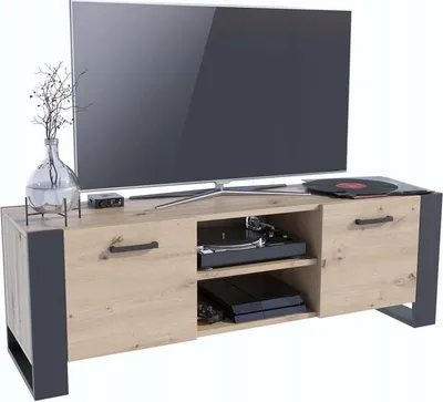 Produktbild von MATKAM TV-Kommode ALBA Loft, H50xB150xT43,6 cm, EIN offenes Regalfach in der Mitte, Links und rechts Fächer mit Türen, konische Beine (Artisan Eiche)