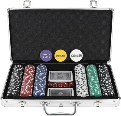 Produktbild von Pokerset 300 Chips, Aluminiumkoffer, 2 Kartendecks, 5 Würfel, Modell 23528, für Spieleabende
