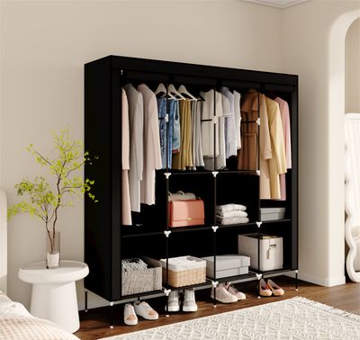 Mondeer Kleiderschrank Stoffschrank Faltschrank mit 4 Kleiderstangen und 2 Taschen