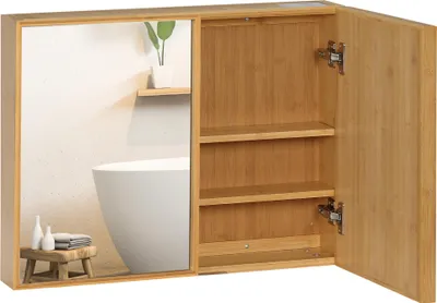 Produktbild von kleankin Spiegelschrank, Wandschrank mit 3 Innenböden, Hängeschrank aus Bambus