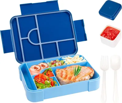 Produktbild von Lunchbox, 1330ml Auslaufsicher Bento Box, Brotdosen mit 7 Fächern und Besteckset Soßenbox, Brotdose für Kinder Erwachsene BPA Frei (Blau)
