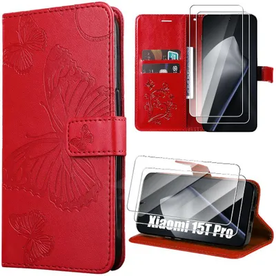 Image de Coque + 2 Verres Trempés pour Xiaomi 15T Pro, Protection Antichoc Synthécuir Relief Papillon - Rouge