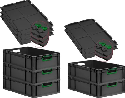 Produktbild von SuperSparSet 5x Eurobox NextGen Color mit Scharnierdeckel und Schiebeschnappverschlüssen | HxBxT 17x40x60cm | 34 Liter | Schwarz | Griffe grün offen | Eurobehälter, Transportbox, Transportbehälter, Stapelbehälter