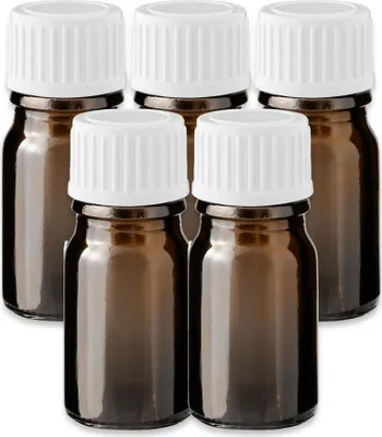Produktbild von 5x Glasflasche braun 5 ml mit weißem Kunststoff Schraubverschluss leer