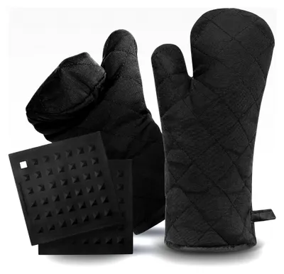 Produktbild von LauterSchutz® Topflappen und Untersetzer Set - weiche und waschbare Baumwolle [Hitzebeständig bis 250°C] mit Silikonuntersetzern - Topfhandschuhe für Kochen und Backen (Schwarz)