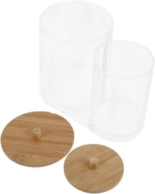 Productafbeelding van Opbergdoos Acryl - Organizer Deksel - Badkamer Organiseren - Transparant Met Hout - 15 x 12 x 8.7 cm - Transparant