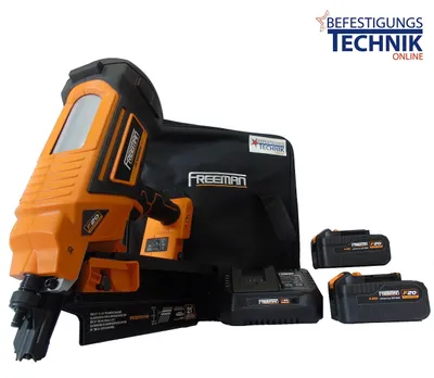 A nail gun, battery charger, and batteries are displayed on a white background.