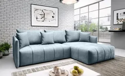 Produktbild von FURMEB24 - DON 245 x 180 cm  Sofa mit Schlaffunktion und  zwei Bettk€sten -  Ecksofa mit Kissen , Stoff Monoliht -  Hellblau