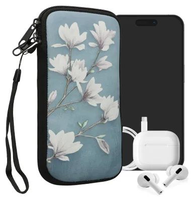 Produktbild von kwmobile Handytasche für Smartphones XXL - 7" - Neopren Handy Tasche Hülle Cover Case Schutzhülle - Magnolien Taupe Weiß Blaugrau - 17,7 x 8,5 cm
