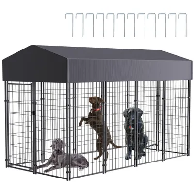 Immagine prodotto di FATIVO Recinti per cani da esterno e da interno: grande recinto metallico per cani con tetto in tela Oxford, gabbia per cani resistente alle intemperie, 120x249x165 cm