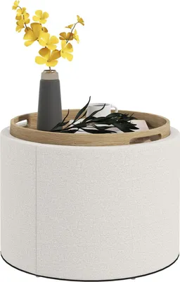 Produktbild von Ottomane Runder Sitzhocker Polsterhocker Mit Stauraum, Klappdeckel, In Leinenoptik Für Wohnzimmer, Schlafzimmer, Creme, Ø56 X 42 Cm
