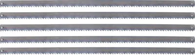 Five jigsaw blades are laid out horizontally against a white background.