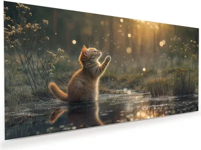 Produktbild von Glasbild 100x50cm in XXL für Wohnzimmer, Schlafzimmer Motiv Katze mit Marienkäfer