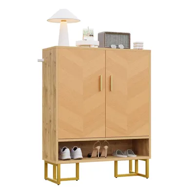 Produktbild von Moderner, minimalistischer Schuhschrank , Einzigartige Holzmaserung ,Goldener Eisenrahmen , Zweitüriger Aufbewahrungsschrank,Schuhregal Schuhkipper