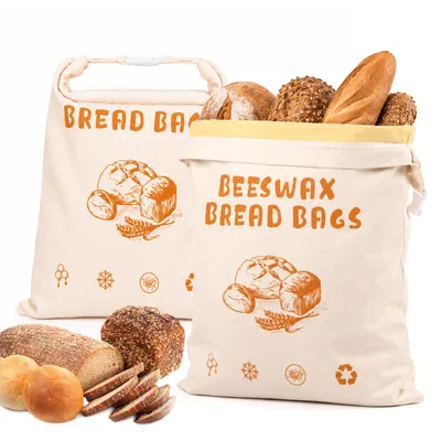 Produktbild von 2 Stück Bienenwachs Brotbeutel 43cm×34cm, wiederverwendbare Brotsack zum Frischhalten mit Reißverschluss und Griff, Brot Frischhaltebeutel