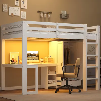 Productafbeelding van ELANDEPOT Hoogslaper 140 cm × 200 cm wit LED-verlichting USB-oplaadfunctie bureau kledingkast laden opbergruimte