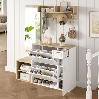 Produktbild von okwish Garderoben Set Schuhschrank mit Sitzbank Wandgarderobe mit Spiegel und offenen Fächern Für Flur und Eingangsbereich Spanplatte Weiß
