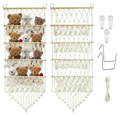 Image de Hamac de rangement pour peluches, style bohème, en macramé, couleur crème, avec 4 niveaux
