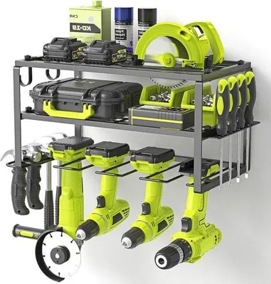 Image de Rack à outils à 3 niveaux - Fixation murale, porte-forets et supports latéraux - Idéal pour l'atelier et le garage