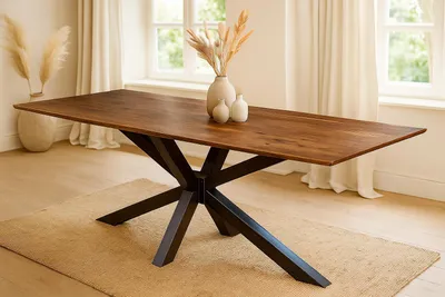 Produktbild von Esstisch 280x100cm Akazie massiv nussbaum Schweizer Kante Spider-Gestell schwarz ABBY