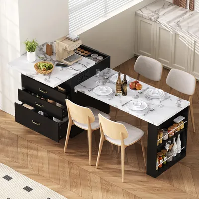 Produktbild von Kücheninsel mit Esstisch ausziehbar, 125-187 cm für 2-4 Personen, Küchentisch mit LED & Steckdosen, Mobil auf Rollen, Modernes Schwarz & Marmor-Optik