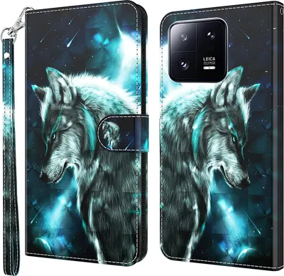 Produktbild von CLM-Tech Hülle kompatibel mit Xiaomi 13 Pro - Tasche aus Kunstleder - Klapphülle mit Ständer und Kartenfächern, Wolf blau schwarz
