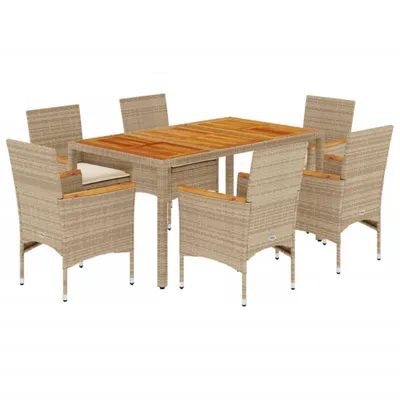 Produktbild von 7-tlg. Garten-Essgruppe mit Kissen Beige Poly Rattan Akazie