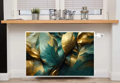 A radiator cover with a leaf pattern is shown in a room setting.