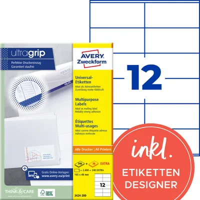 Produktbild von Avery Zweckform 3424-200, Universal-Etiketten, A4, Qualitätsdruck mit: ultragrip, 105 x 48 mm, 2.640 Etiketten / 220 Bögen, weiß