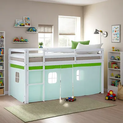 Obrázek produktu pro Homestyle4u Dětská patrová postel 90x200, bílá, sada s matrací OEKO-TEX® Standard 100 a roštem, zelená záclona